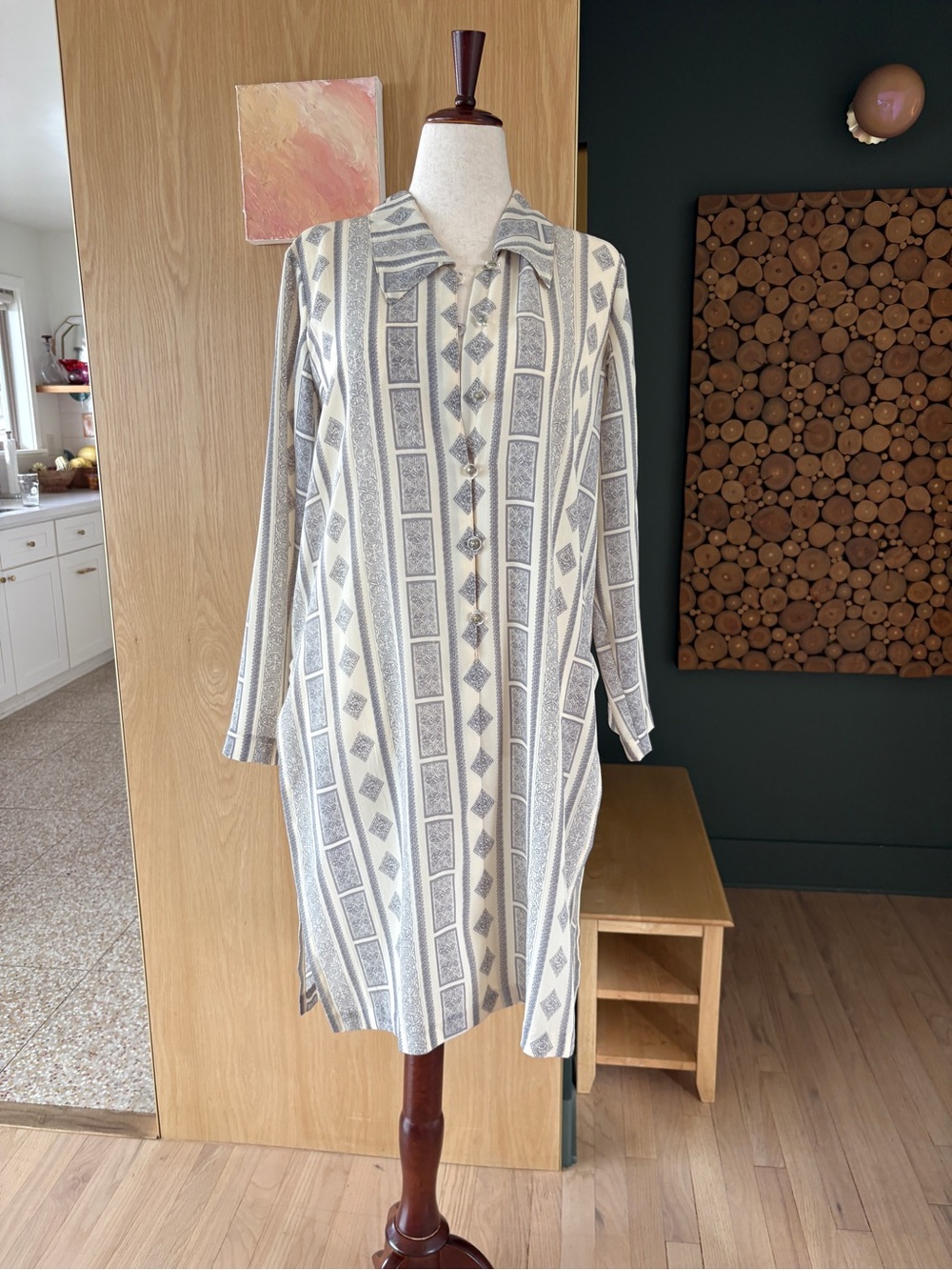 Striped Geometric Midi Shirt Dress in Cream & Gray